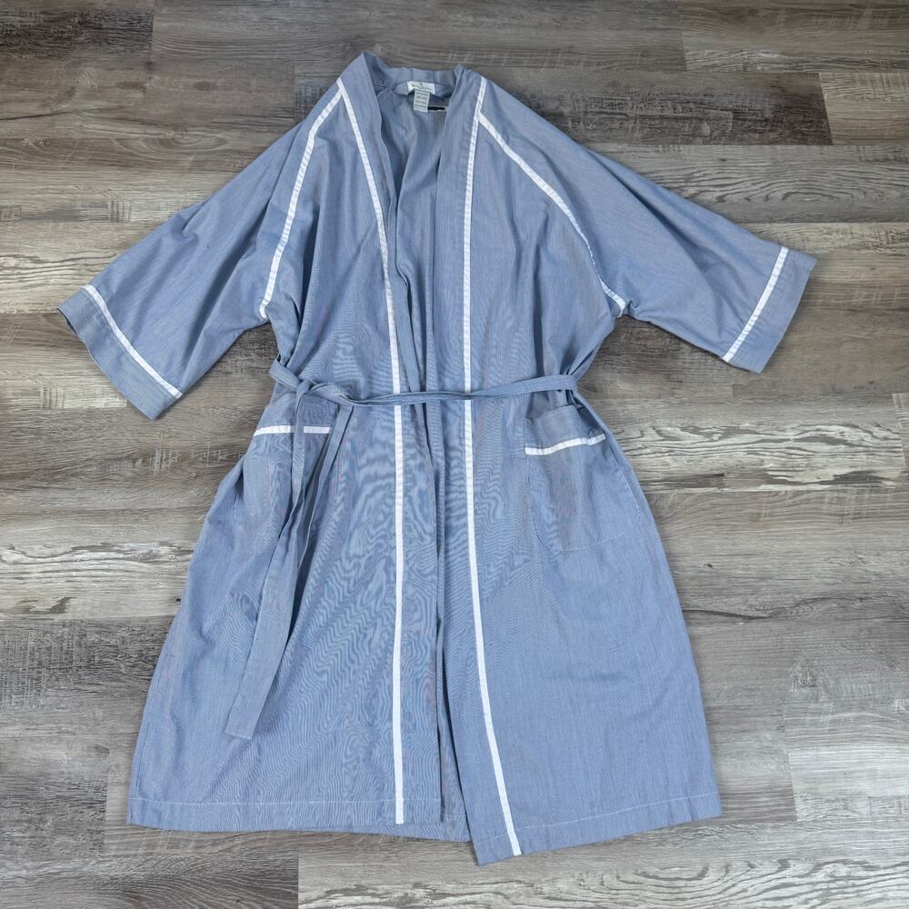 Vintage 90s Bill Blass Mens Cotton Pinstripe Robe Belted Preppy Old Money OS
